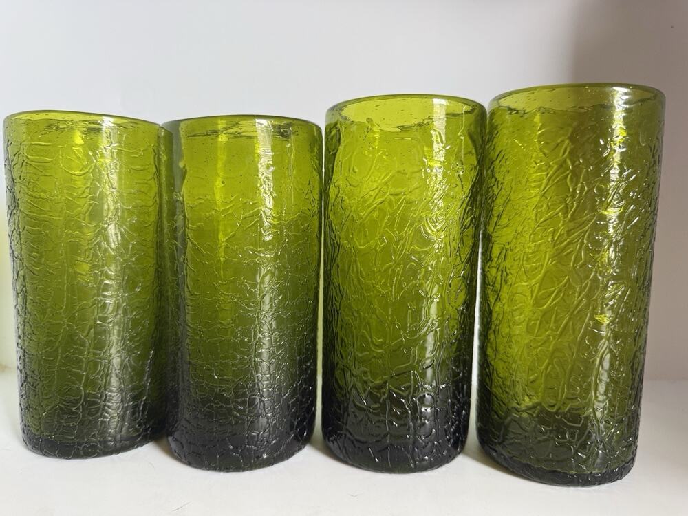 Vintage Pilgrim Green Heavily Crackled Drink Glasses Hand Blown Heavy Set Of 4